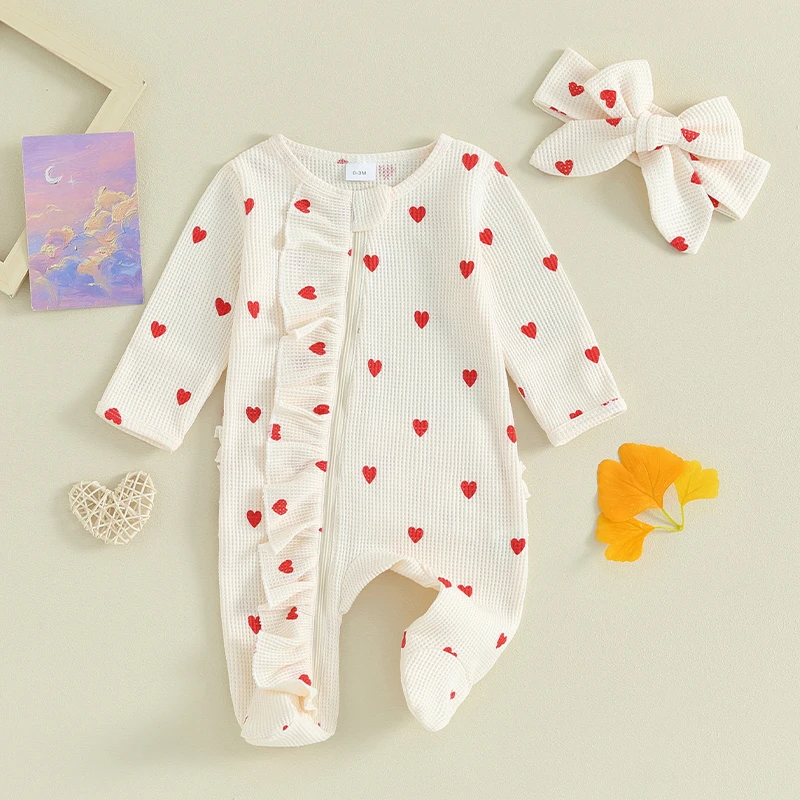 Baby Girls Valentine Day Jumpsuit Long Sleeve Crew Neck Heart Print Ruffle Zipper Romper with Headband