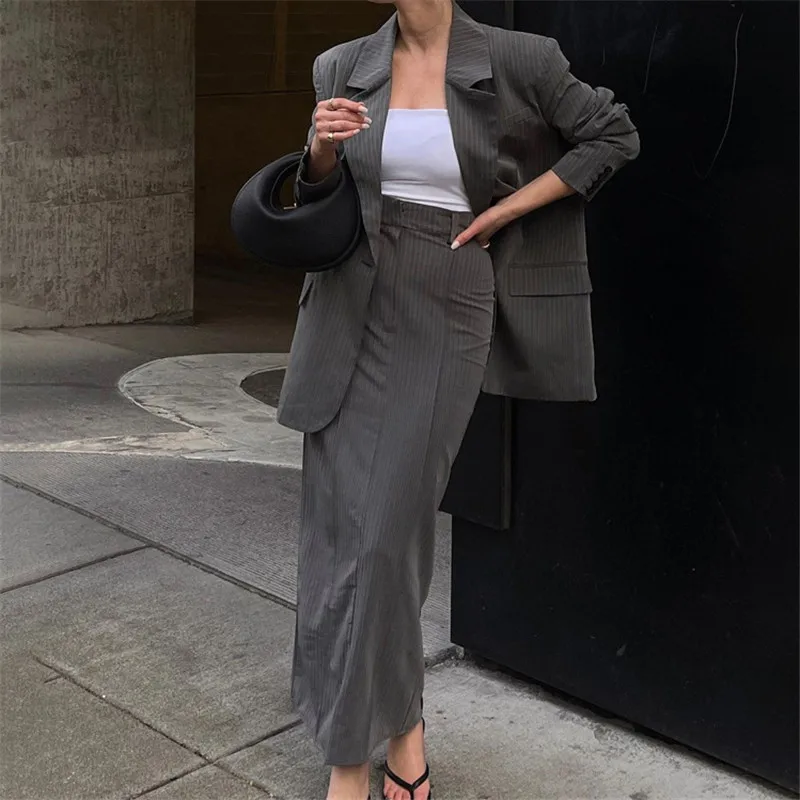 

Женский офисный Модный комплект из двух предметов, серый полосатый костюм, Женская Весенняя юбка с разрезом, комплект из двух предметов