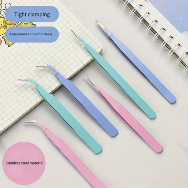 2pcs Stainless Steel Precision Tweezers, Color Scrapbook , Straight And Curved Head , Pink/Blue/Purple/White/Bla 3