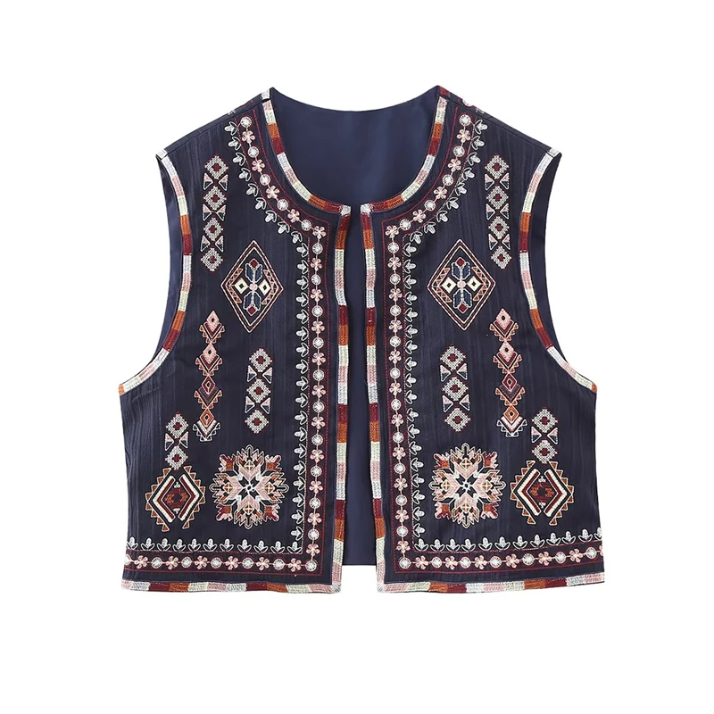 

2023 Summer New Women's Clothing Embroidered Cardigan Vest Jacket Round Neck Sleeveless Loose All-Match Casual Short Style Tops