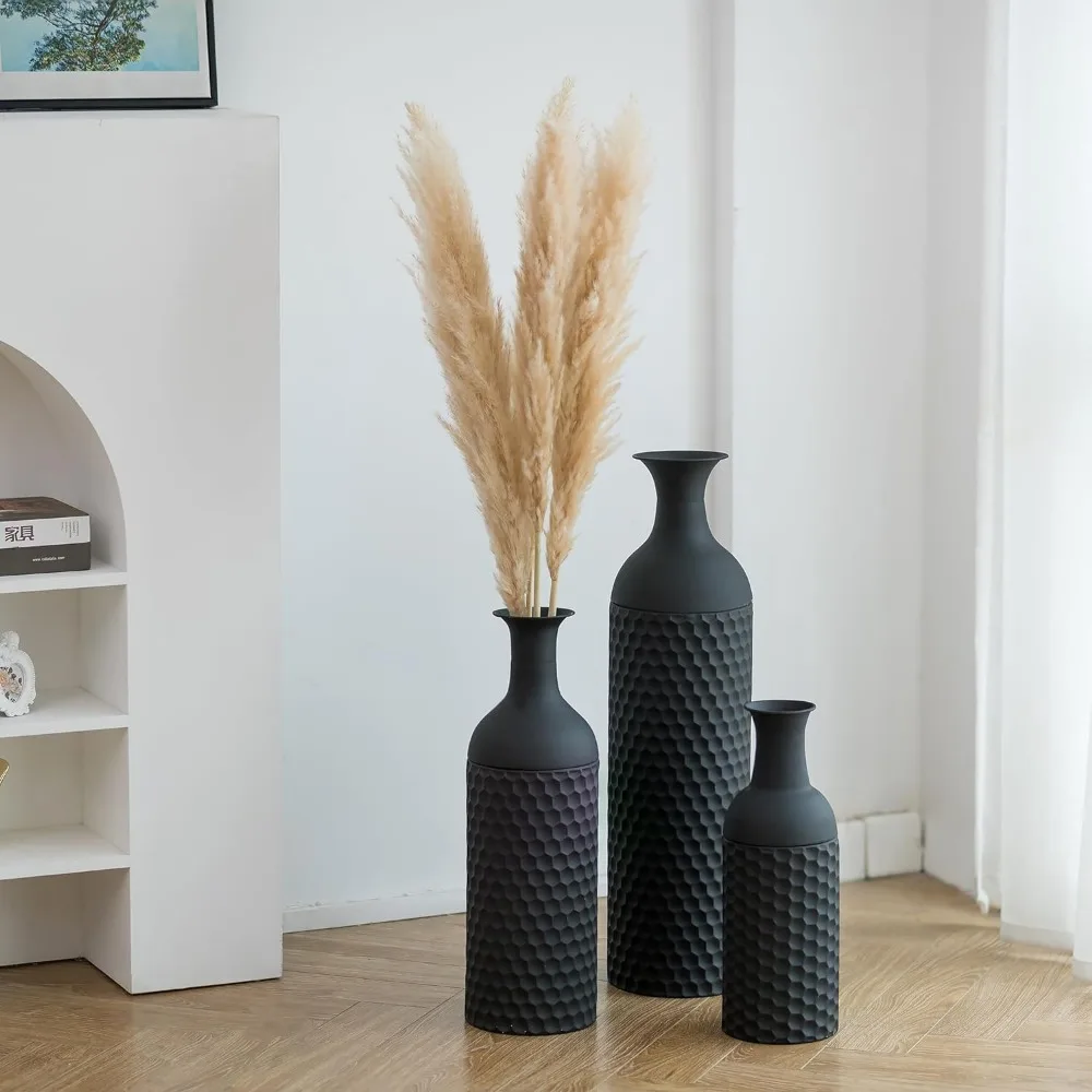 

Large Black Vases Tall 27inch - Metal Floor Standing Vase Set of 3 Modern Honeycomb Texture Big Standing Vase for Living Room