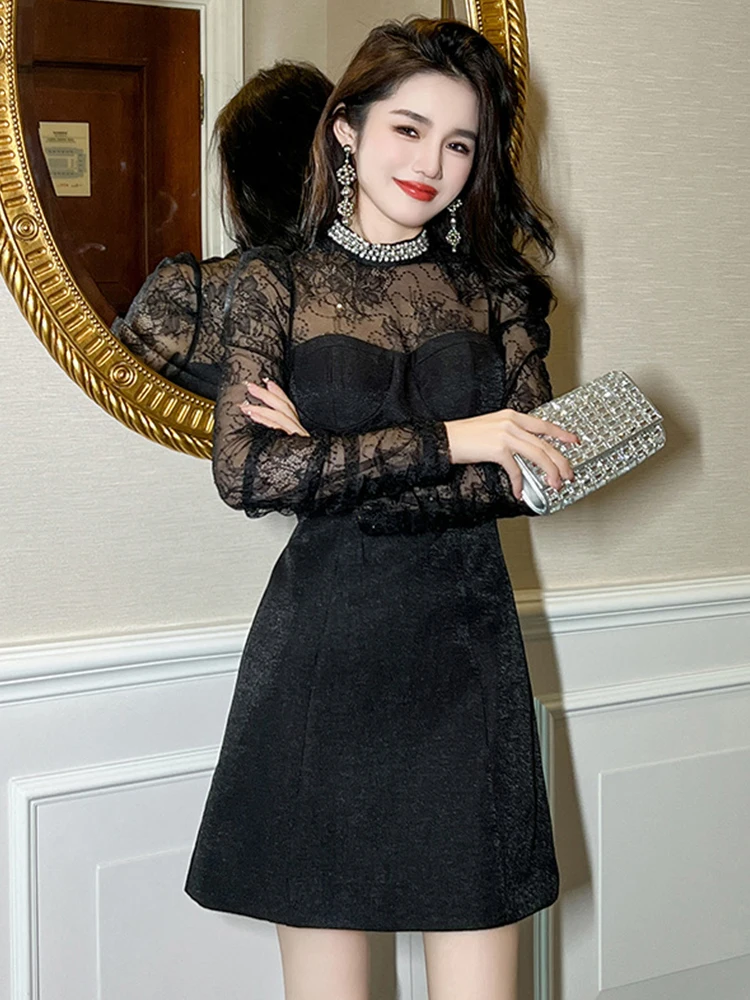 Celebrity Style Party Dress Women Vintage Black Beading