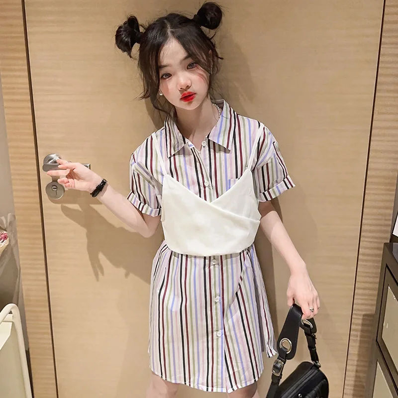 

2023 New Fashion Summer Striped Shirt Skirt Cool Girl
