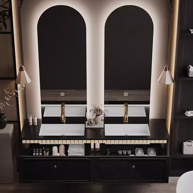 หรูหราสไตล์โรงแรมตู้ห้องน้ําอ่างล้างหน้าคู่ผสมแผ่นหินฝรั่งเศสอ่างล้างหน้าตู้ห้องน้ําอ่างล้างหน้า 5