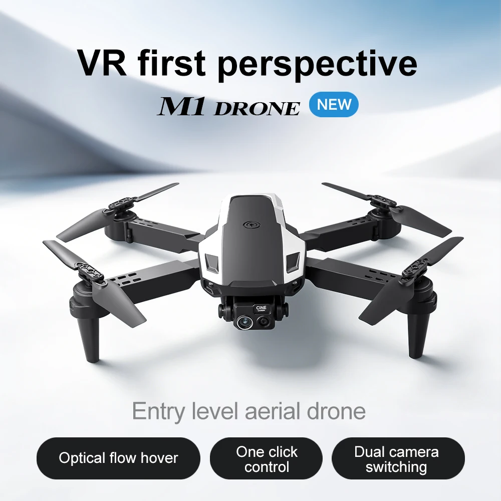 Drone M1 6K/8K avec caméra HD et WiFi survolant un champ, ciel dégagé