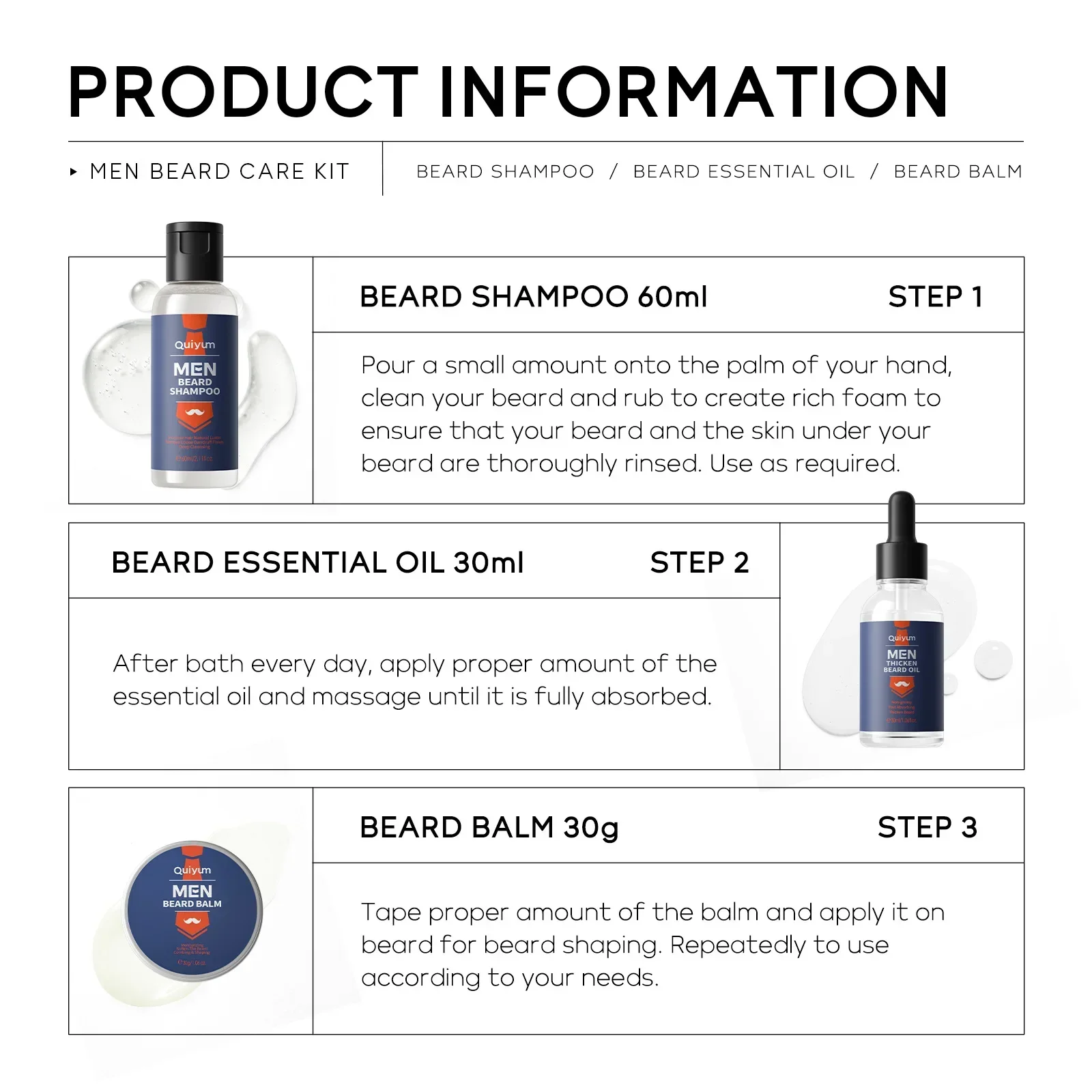 LAIKOU Men's Beard Care Kit 3-Piece Set Beard Shampoo BeardOil BeardBalm Bye-Bye Dyness & RoughnessProvide Deep Hydration