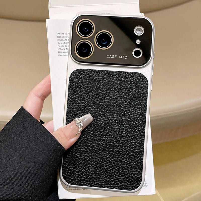 Luxury Litchi Leather Phone Case with Large Window Lens Protector & Shockproof Cover
