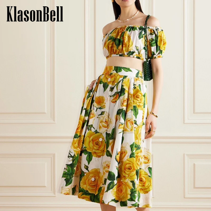 59-klasonbell-fashion-sexy-off-shoulder-blouse-or-back-zipper-elastic-waist-skirt-yellow-rose-print-holiday-beach-set-women