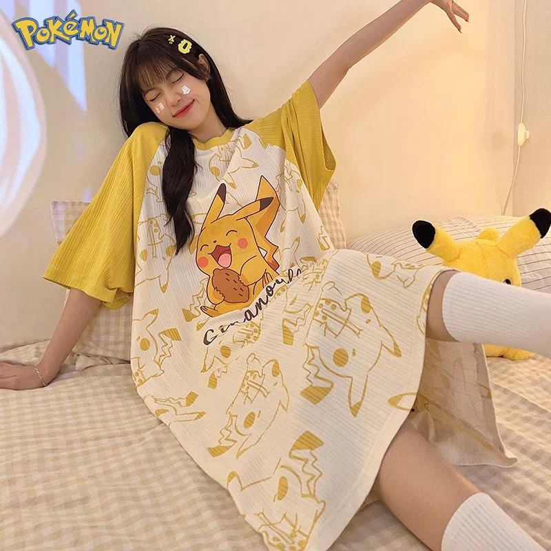 Pokemon Pikachu Summer Girls Nightdress Kawaii Cotton Women Casual Home Wear Pajamas Short Sleeved Cartoon Cute