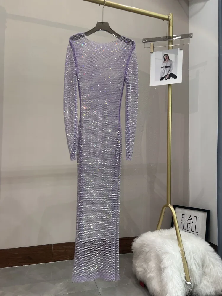 Sparkling Rhinestone Mesh See Through Dress Long Sleeve Round Neck Hollow  Side Split Dress Sexy Beach Breathable - AliExpress 200000345