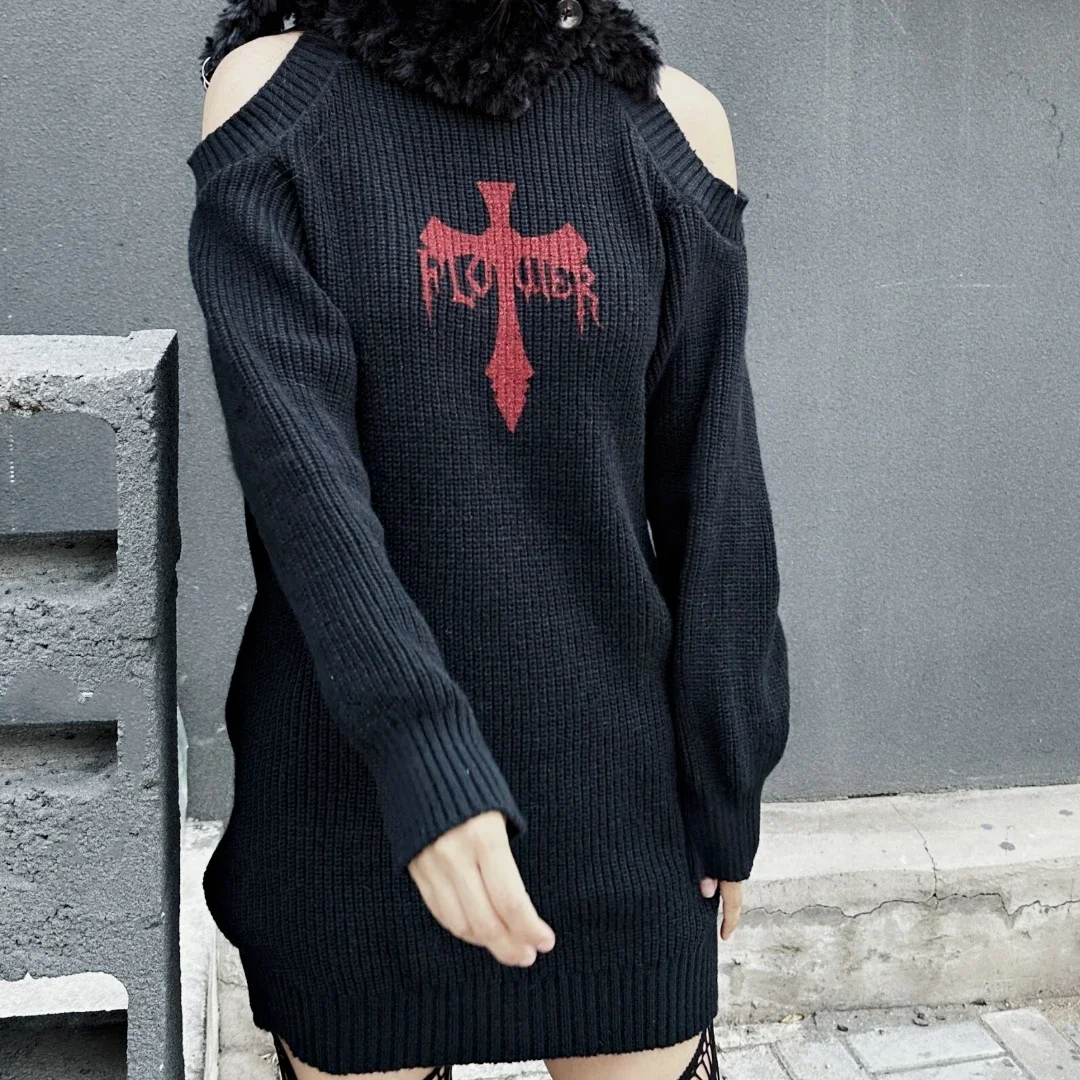 

Ruibbit Black Mujer Jersey Gothic Grunge Knitted Sexy Off Shoulder Sweater Women Long Pullovers Loose Punk Sweaters Jumpers