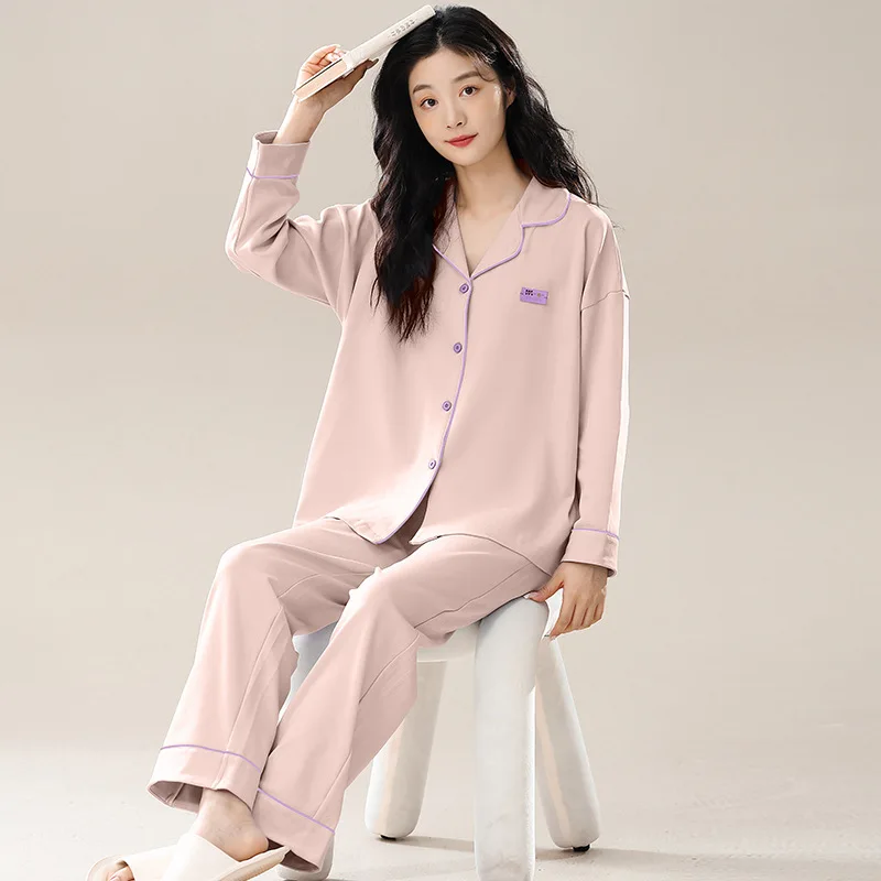 Spring Autumn Women's Pure Cotton Pajamas Set Fashion Flip Collar Long Sleeve Cardigan Casual Comfortable Oversized Home Suit