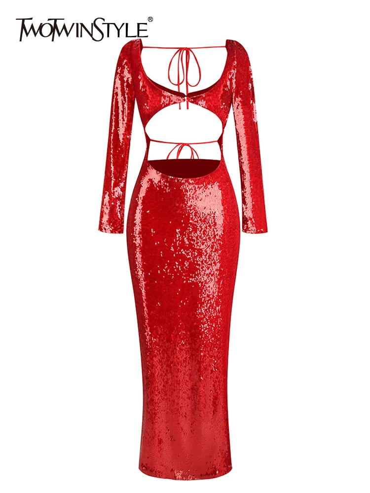 

TWOTWINSTYLE Minimalist Dresses For Women Square Collar Long Sleeve High Waist Patchwork Sequins Summer Dress Female Fashion New