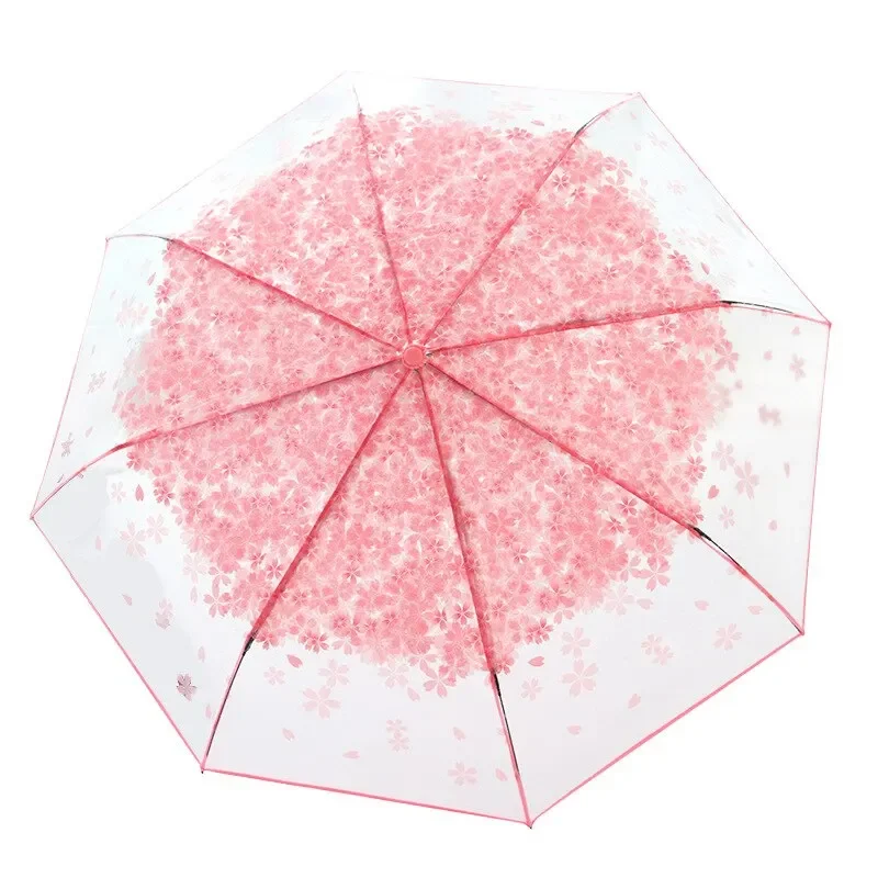 Umbrella 3 Fold Umbrella Rain Gear Fashion Cherry Blossom Transparent Fresh Simple Protect Against Wind Clear Rain Gear