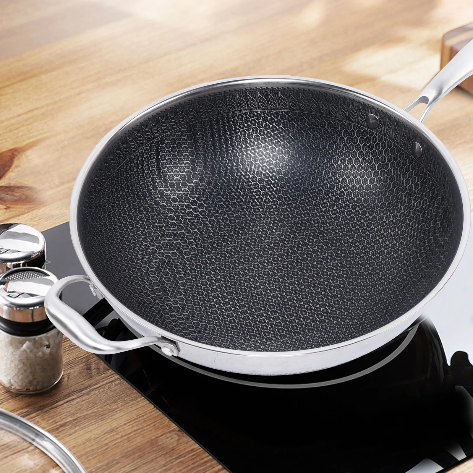 Stainless Steel Non Stick Double Sided Screen Honeycomb Wok Frying Pan Kitchen Chinese Cast Cooking Fry Pan 34cm - Image 6