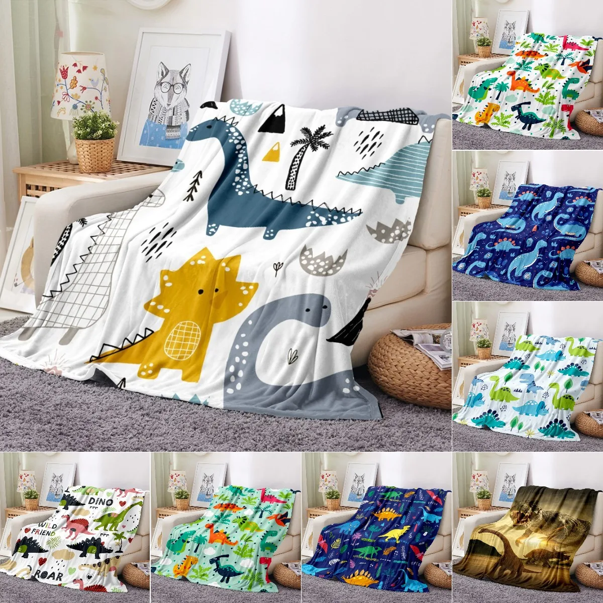 

Cartoon Dinosaur Throw Blanket Soft Flannel Blanket for Chair Travelling Camping Kids Adults Bed Couch Cover Winter Queen King