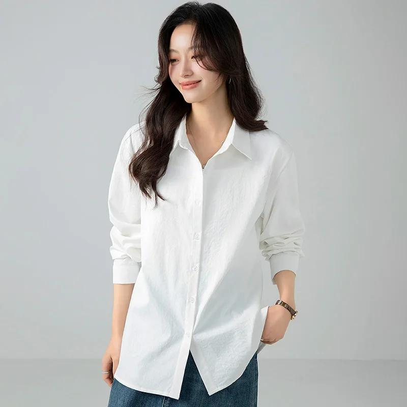 New Women'S Spring Autumn Loose Versatile Commuter Casual Top Simple Solid Color Professional Base Collar Long Sleeve Shirt Lady