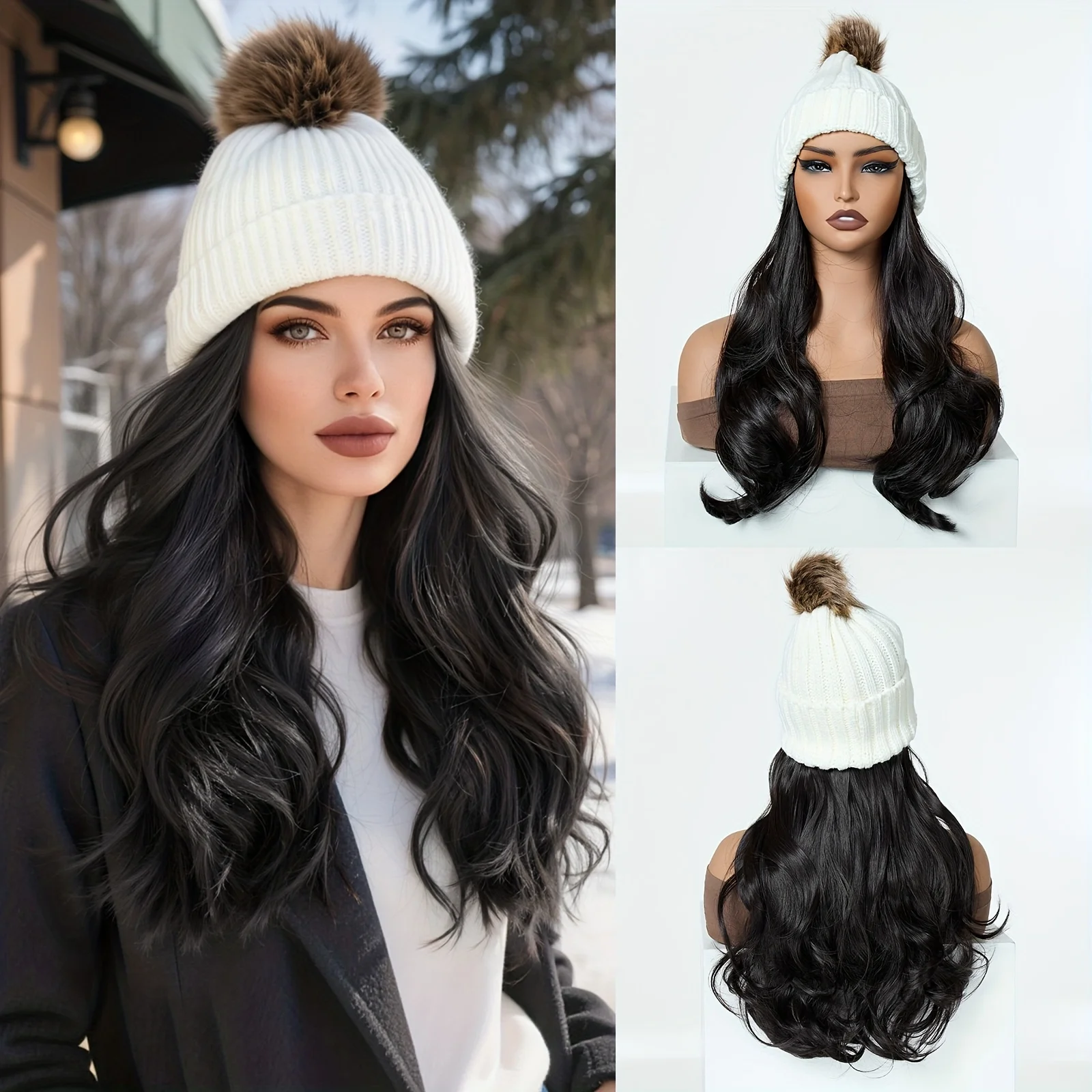 loose curly synthetic wig shiny curly  knitted hat with long hair hat wig wavy wig winter wig knitted hat Christmas outfit