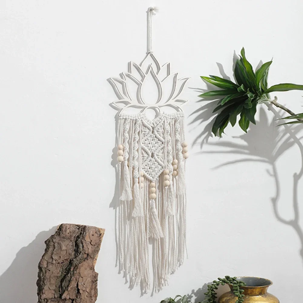 Lotus Wood Beads Macrame Wall Hanging Ornament Hand Woven Boho Dream Catchers Wind Chimes Home Bedroom Decoration Pendant Craft