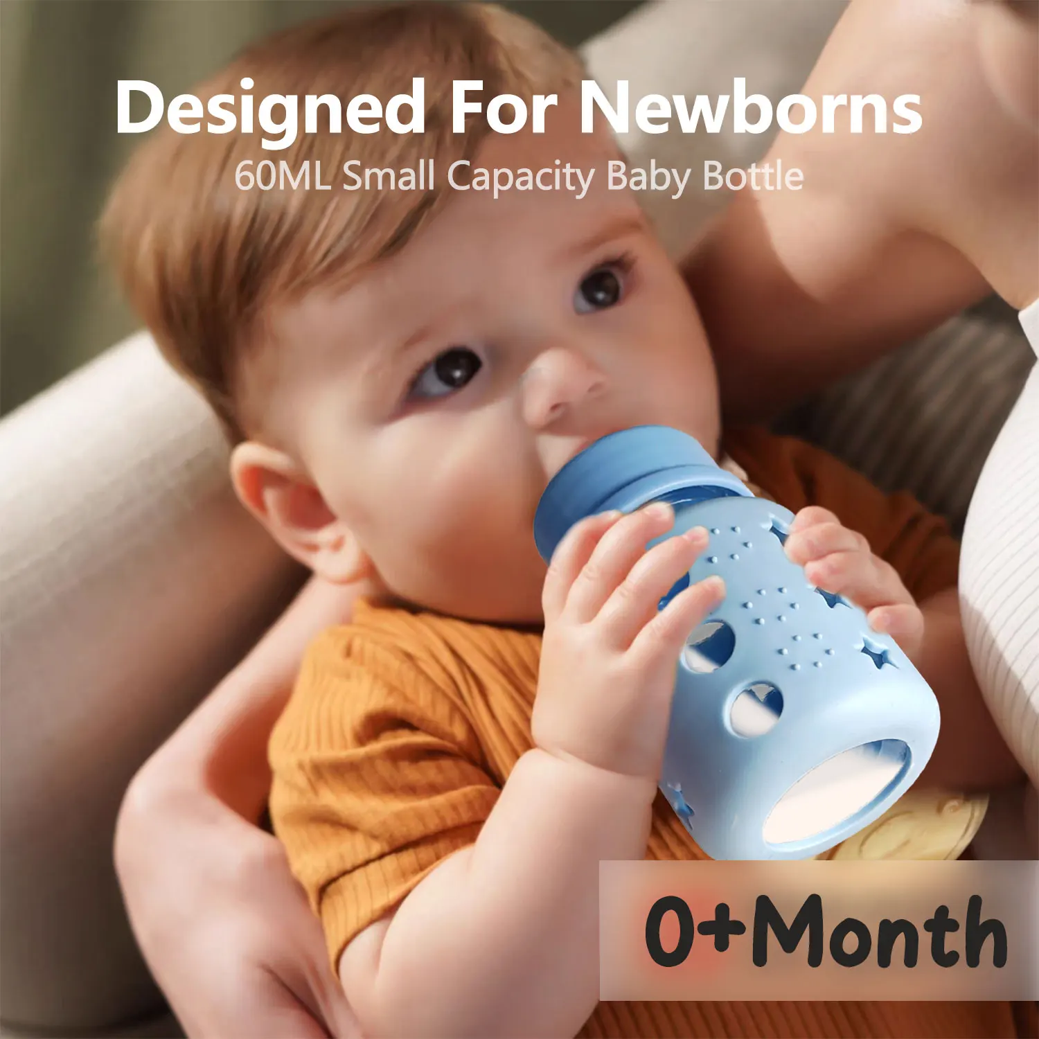 60ML baby glass bottle with star silicone protective cover, cartoon anti-fall, leak-proof, anti-scalding, BPA-free, gift