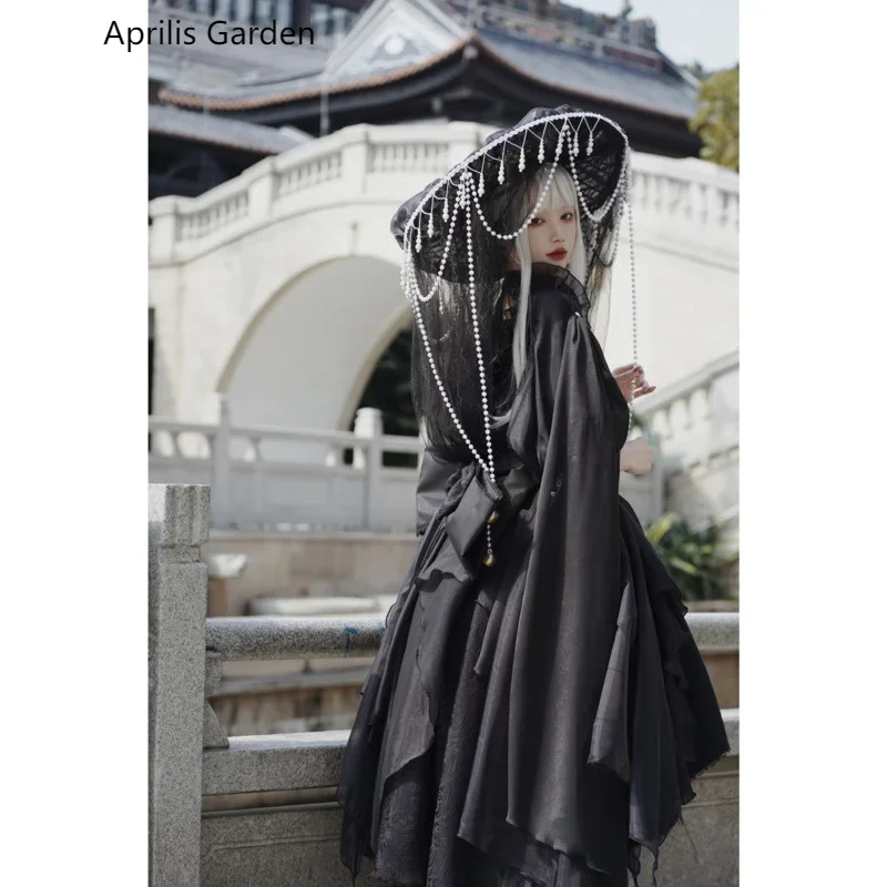 

Black Cosplay Hanfu Veil Fence Pearl Hat Ancient Xiake Bead Super Fairy Hat Cosplay Tian Guan Ci Fu Photography Accessories