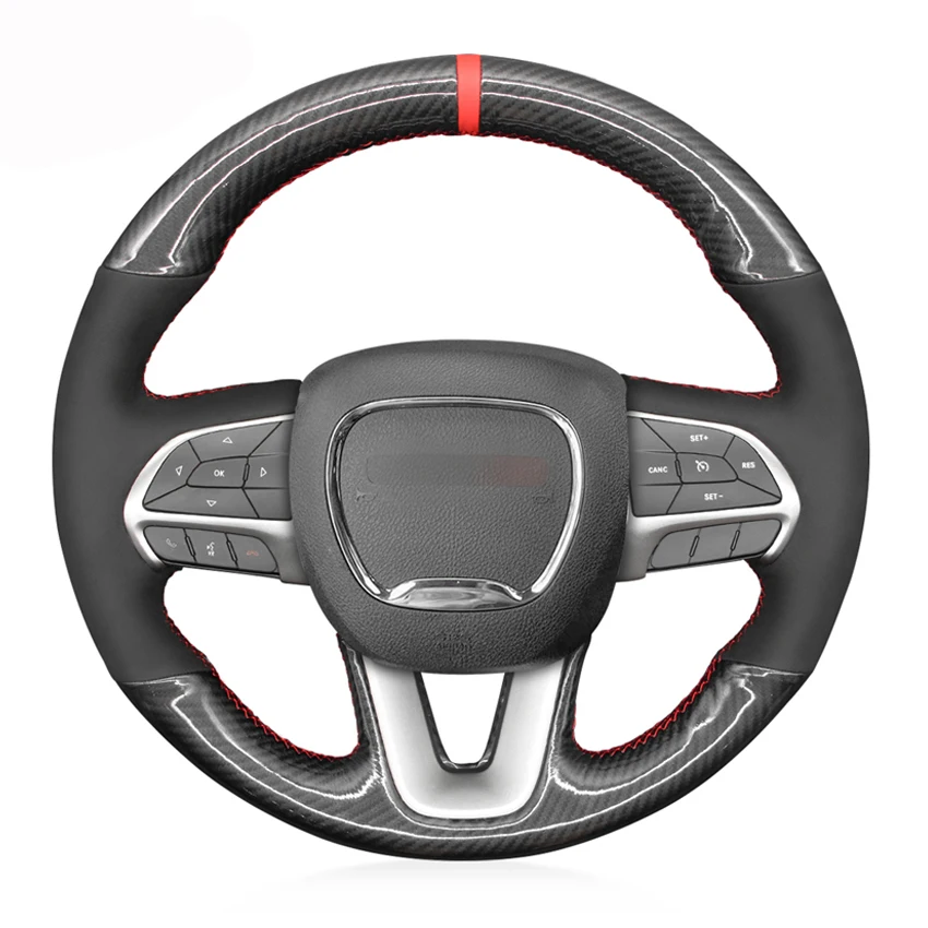 Black Faux Suede Carbon Fiber Handsewing Steering Wheel Cover For Dodge