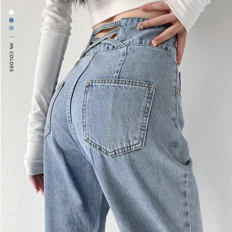 2022 New Jeans Women's Jeans Baggy High Waist Button Straight Pants Women Blue White Fashion Casual Loose  Trousers womens clothing