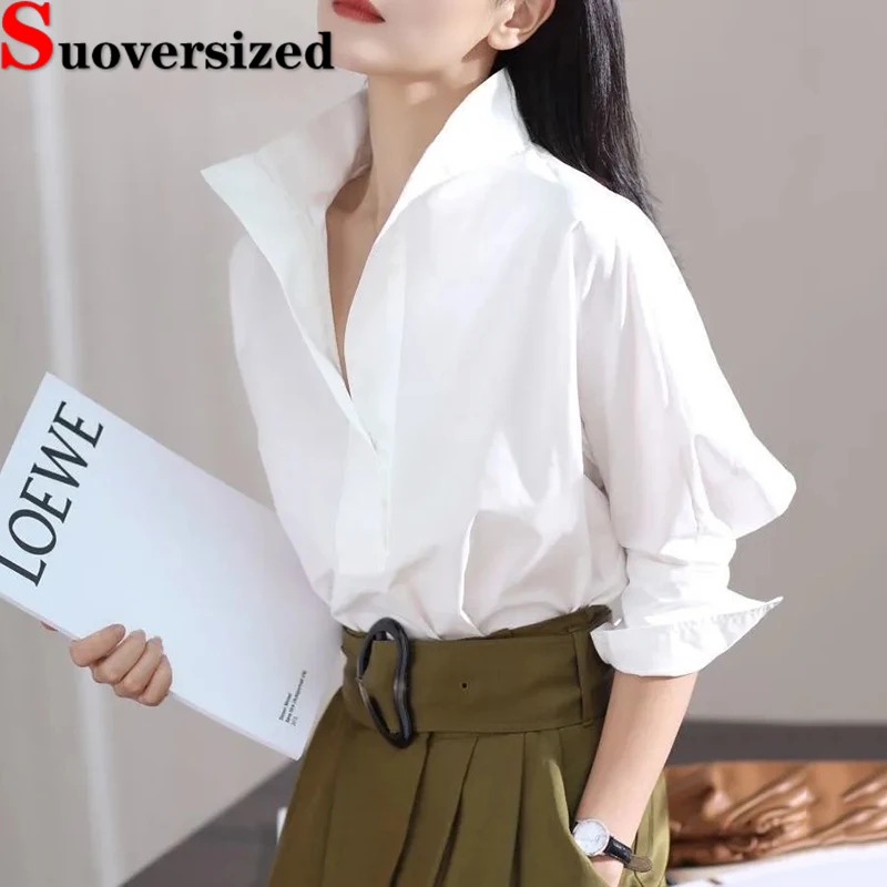 

Рубашки с рукавом три четверти, Белые Офисные элегантные блузки, свободные женские топы большого размера со стоячим воротником в Корейском стиле