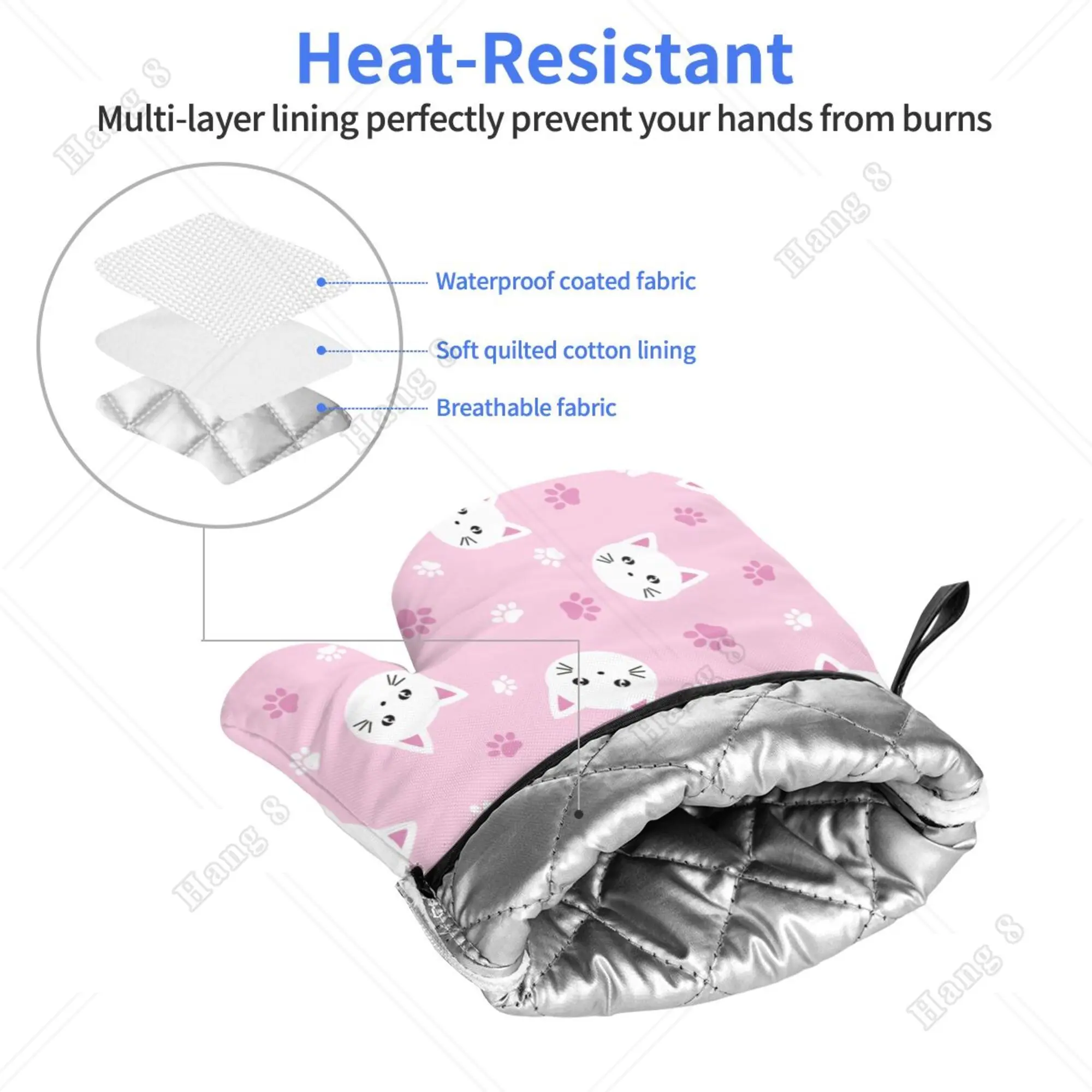 Pink Cat Cute Cartoon Oven Mitts Kitchen Gloves 2PC for Girls Women Heat Resistant Print Polyester Waterproof Cooking Baking