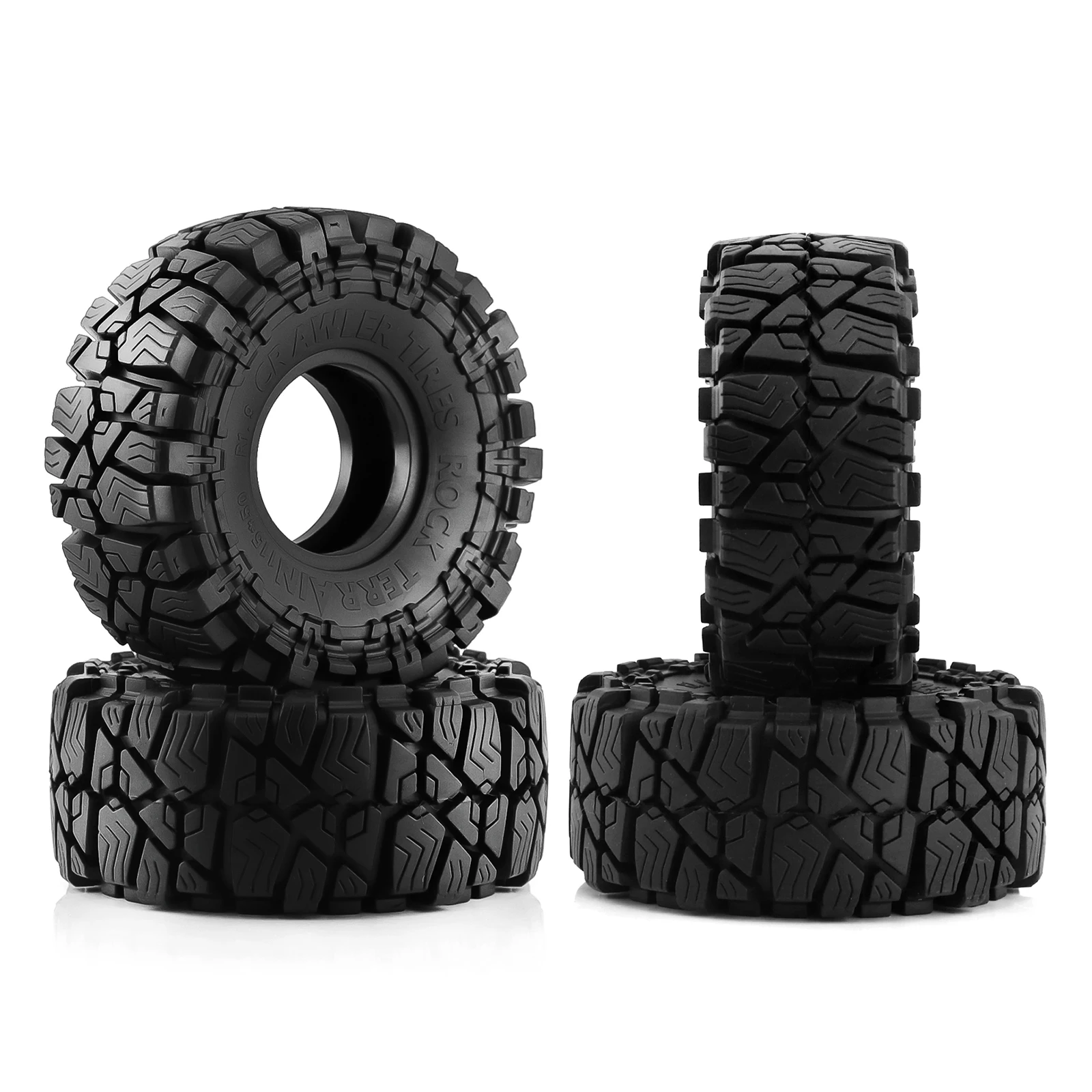 Quatre pneus crawler RC 1/10 1.9" disposés en étoile, vue d'ensemble du lot