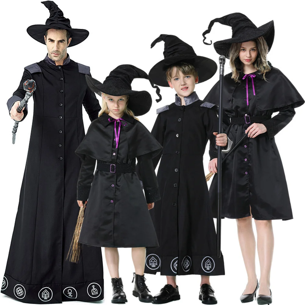 

Adult Kids Black Magician Wizard And Witch Costumes Halloween Carnival Party Masquerade Cosplay Parent-child Costume Set