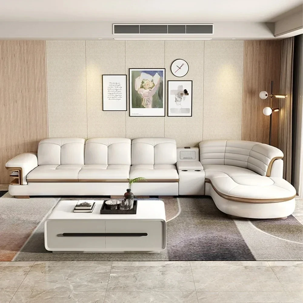 Luxury L-Shaped Genuine Leather Sectional Sofa Sets with USB, Bluetooth Speaker-MINGDIBAO Living Room Italian Leather Couches