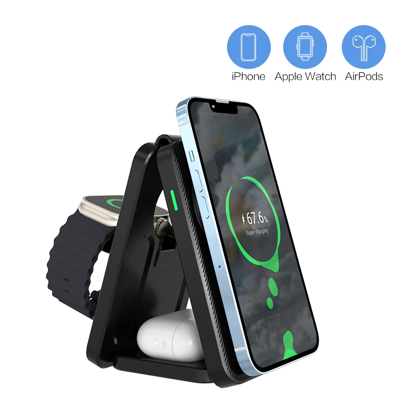 Apmast 3 In 1 Magsafe Stazione Di Ricarica Wireless Caricatore Wireless Magnetico Pieghevole Per Apple Watch Phone Air-Pods Series
