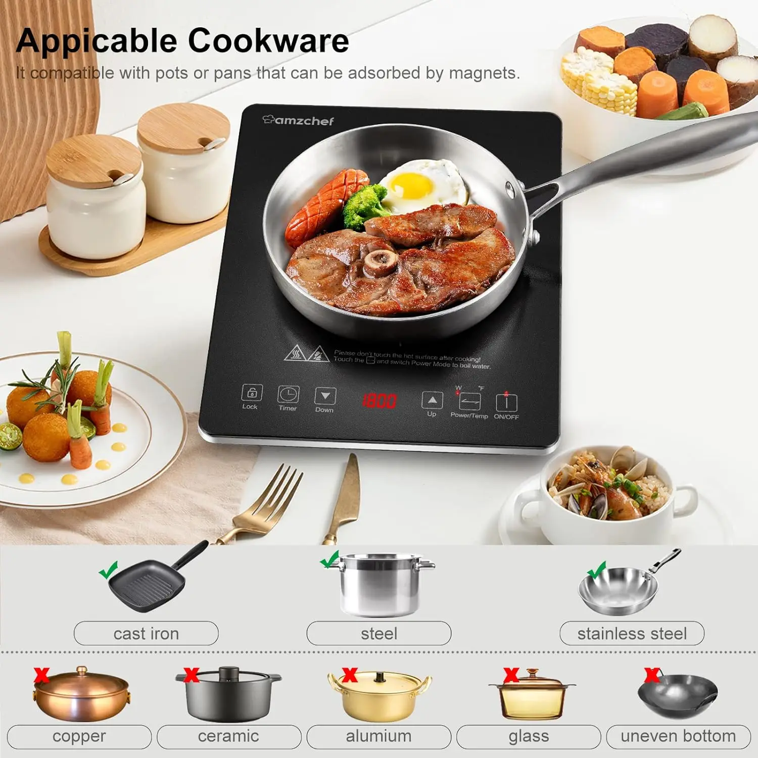 Induction Cooktop AMZCHEF 1800W Induction Stove Burner With Ultra Thin Body, Low Noise Hot Plate With Sensor Touch Sing