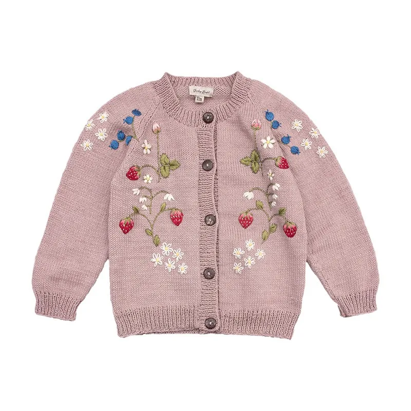 새로운 봄 가을 빈티지 여자 아이 니트 가디건 스웨터 꽃무늬 딸기 자수 긴 소매 니트웨어 탑 R2505