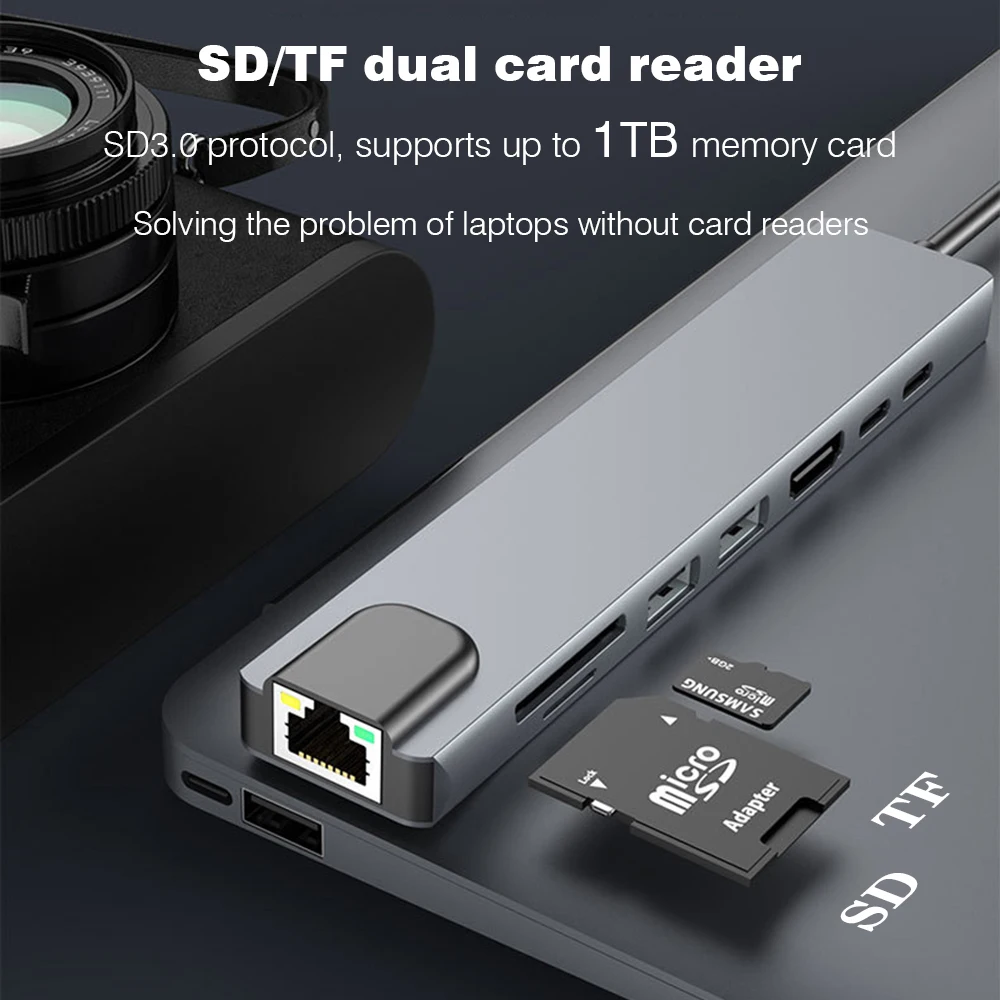 RJ45 100M/1000Mbps Ethernet to USB C Adapter Docking Station USB Type C to HDMI HUB 4K 30HZ VGA Headphone PD 100W USB3 Extencion 6