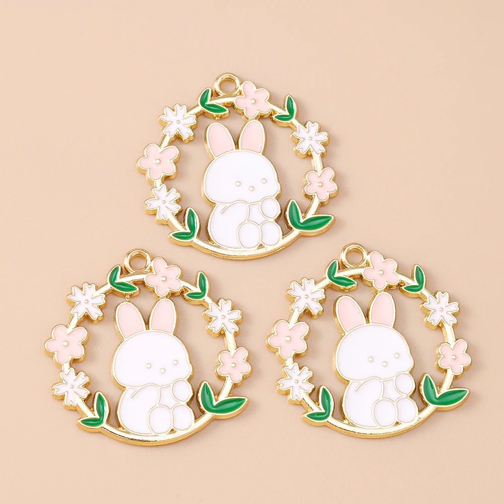 Leslie 10 Stück goldfarbene Blumen-Kaninchen-Charms für Ohrringe, Emaille-Kaninchen-Blumen-Hasen-Charms und Anhänger, handgefertigte Schmuckherstellung – Detail 7