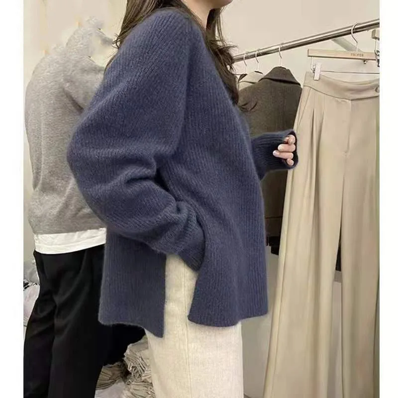 

New Autumn/Winter Fashion Korean Version Lazy Style Split Round Neck Loose and Versatile Western Style Slim Women's Sweater