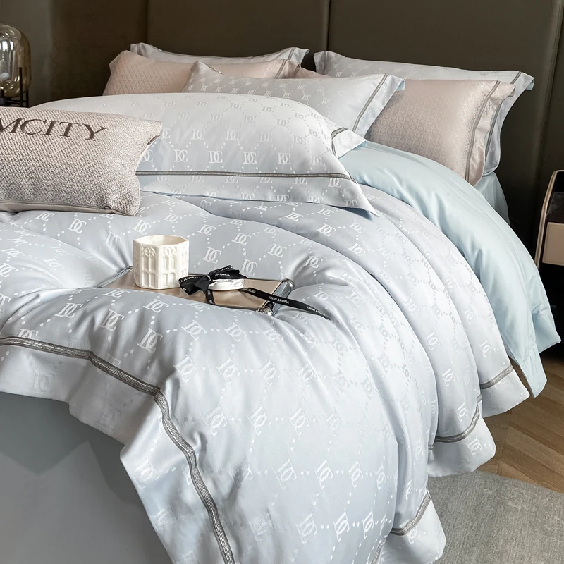 EGW Washed Cotton Jacquard Bedding Set Webbing Luxury Elegant Fashion  Letter Duvet Cover Flat Sheet Pillowcase King Home Linen