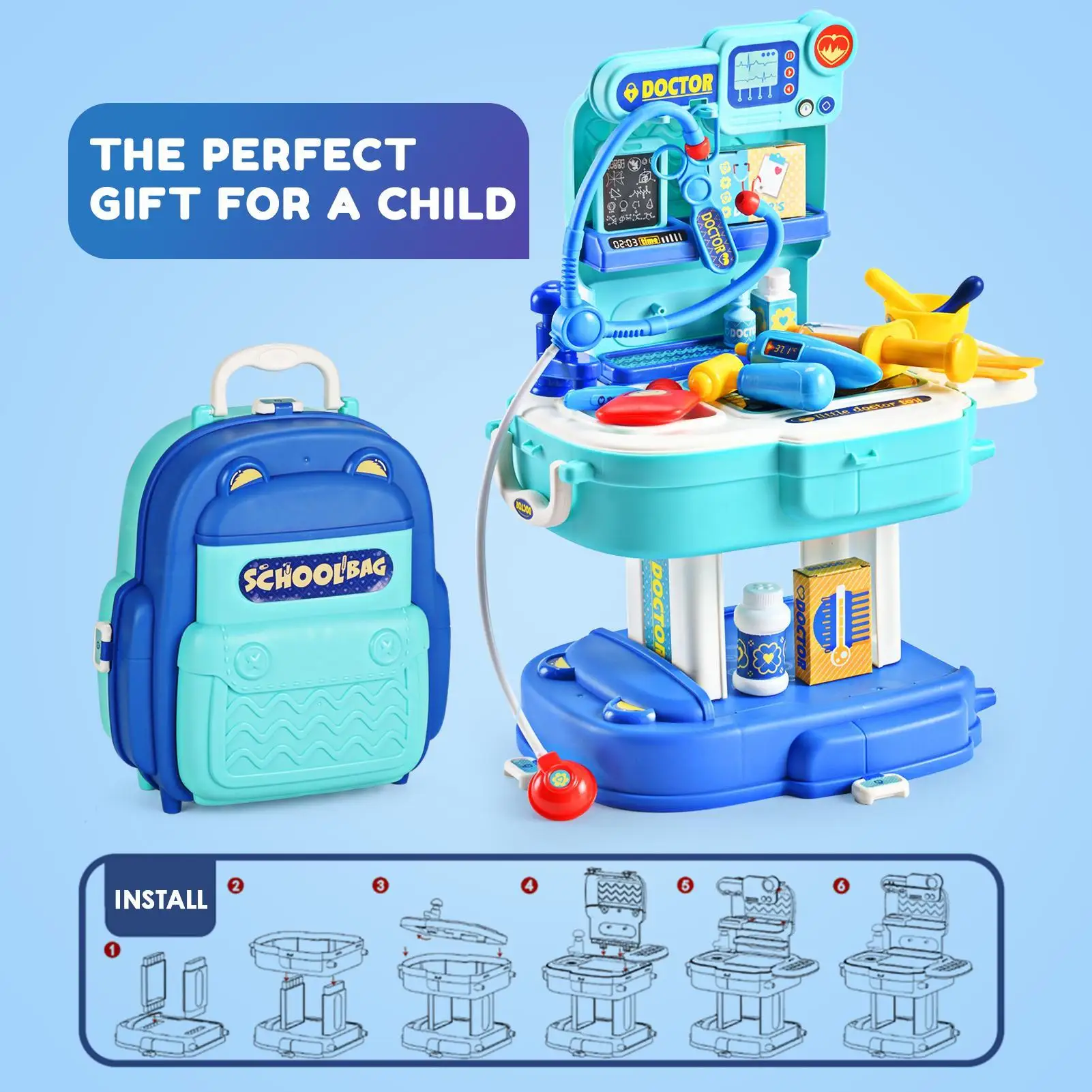 Kids Doctor toolkits bag, cute design with functional medical pieces, best gifts for kids
