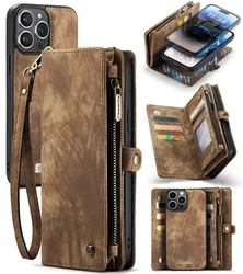 Luxury Leather Wallet Case with Zipper and Strap - iPhone 12 Mini (Brown)