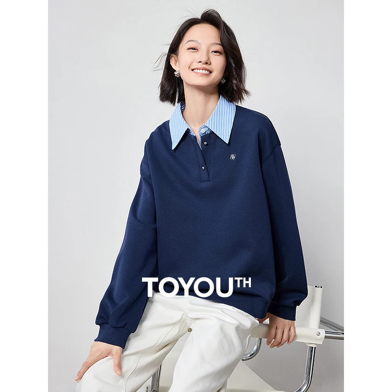TOYOUTH Women Hoodies Autumn Splicing Patchork Fake Two Pieces Turn Down Collar Pullover Sweatshirt Tops girl sweatshirt