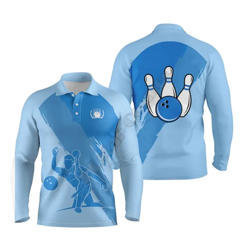 Men's personalized 3D bowling Polo shirt blue team autumn and winter bowling jerseys men's 3D printed long-sleeved polo shirt