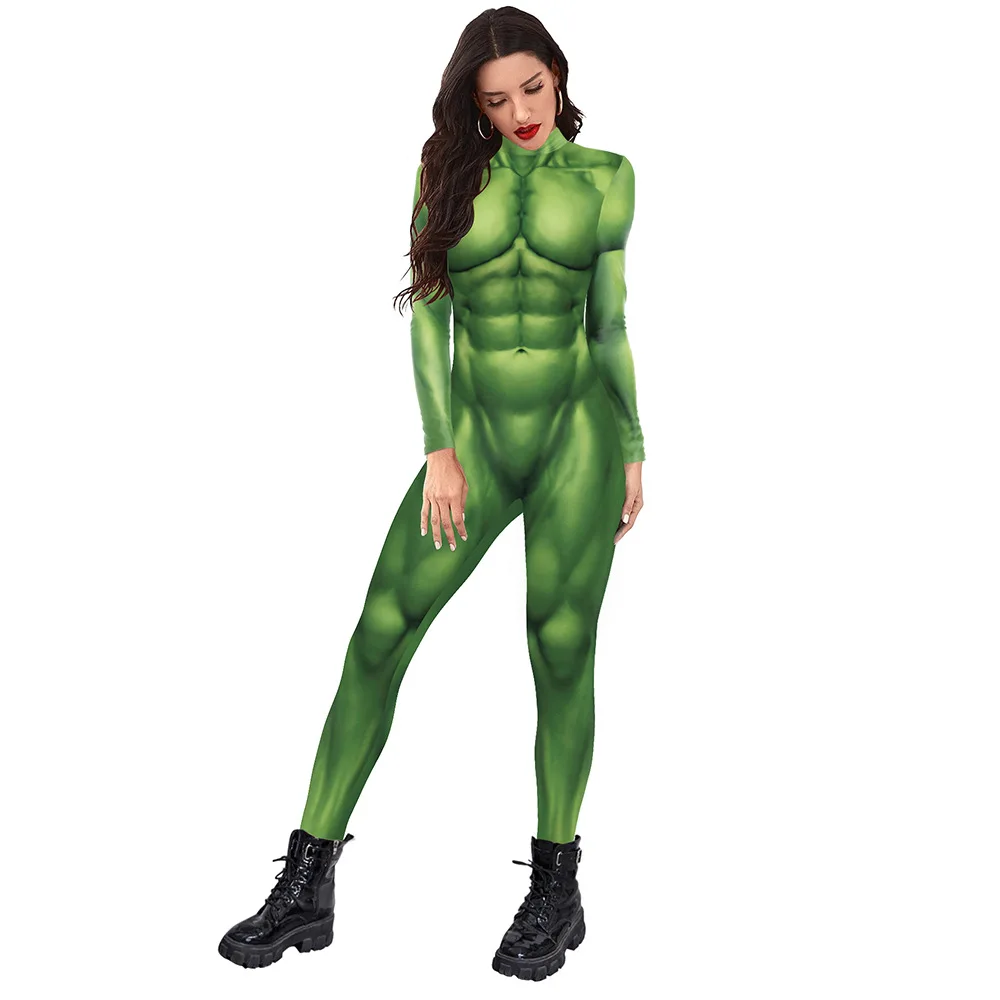 FCCEXIO Cosplay Halloween Bodysuits Green Muscle 3D Print Long Sleeve Women Clothing Sexy Skinny Elastic Jumpsuit Muscle Outfit