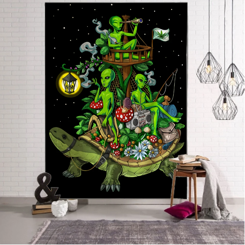 Illustration Design Alien Bohemian Mandala Wall Hanging Psychedelic Mushroom UFO Tarot Card Wall Hanging Wall Hanging Tapestry
