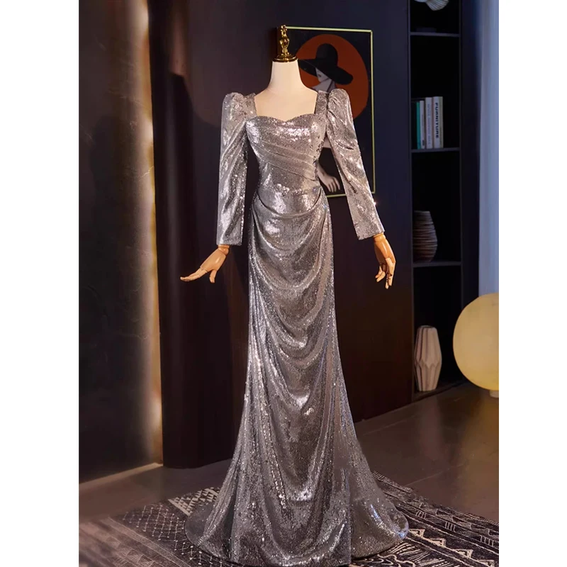 

Bespok Occasion Evening Dress Silver Sequins Square Collar Full Sleeves Lace up Mermaid Floor length Plus size Women Party Gown
