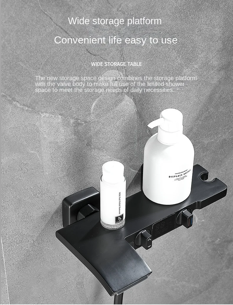 Description Picture 5 of itemModern Waterfall Shower Set with LED Display, Wall-mounted Hot and Cold Mixer Valve, Bathroom Gunmetal Grey Shower System