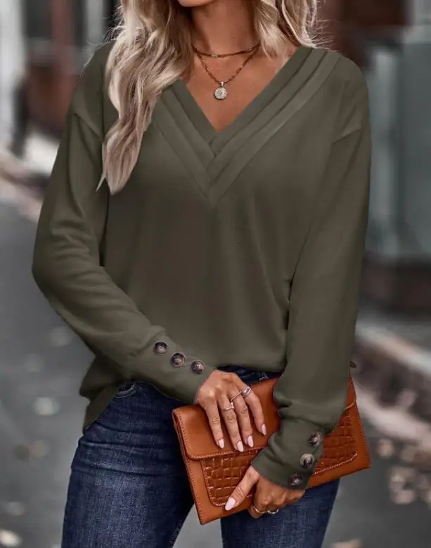 

Fashion Woman Blouse 2023 Spring V-Neck Ruched Button Decor Casual Plain Long Sleeve Daily T-Shirt Top Y2K Clothes