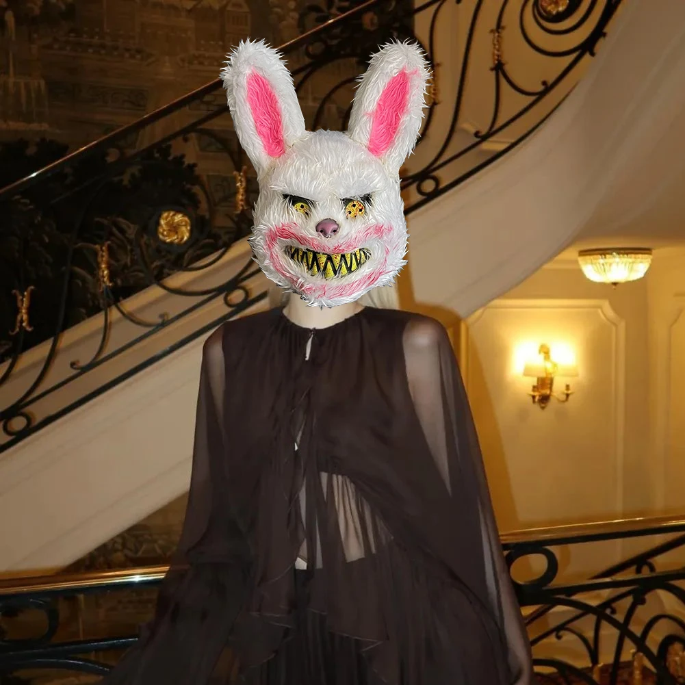 Bloody Plush Animal Head Mask Halloween LED Bloody Plush Bunny Mask with LED Lights Scream Mask Cosplay Costume Party Decoration