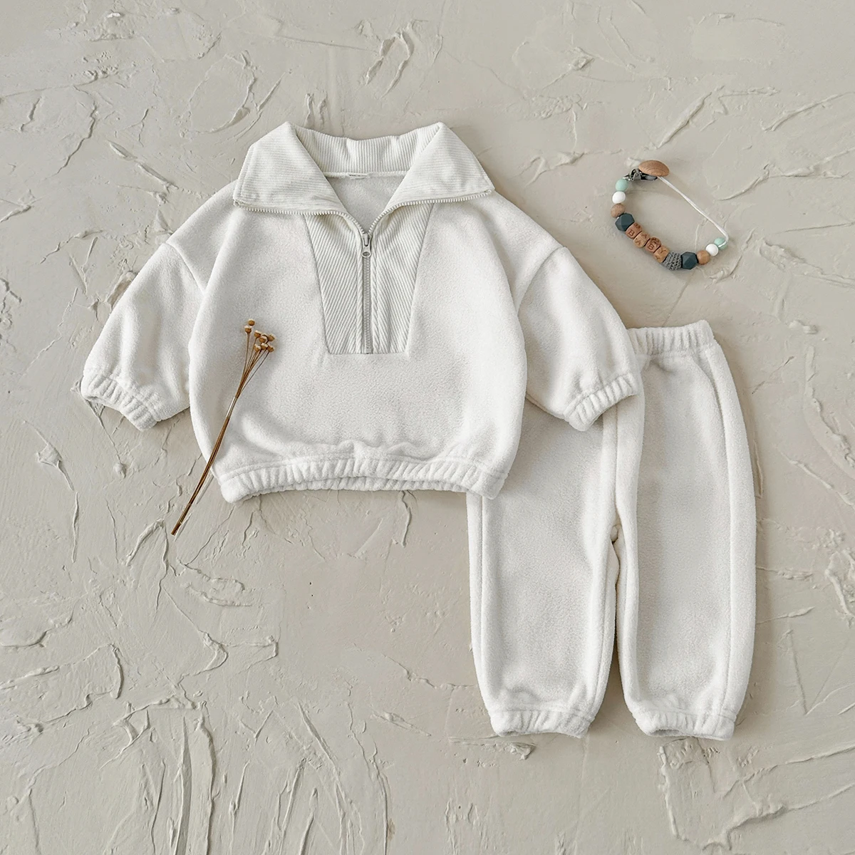 2피스  의류 세트 남아 여아 솔리드 스포츠 상의 바지 세트 겨울 복 두꺼운  옷  용품